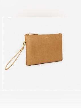 Fawn Design Tan Leather Wristlet Clutch with Gold Hardware